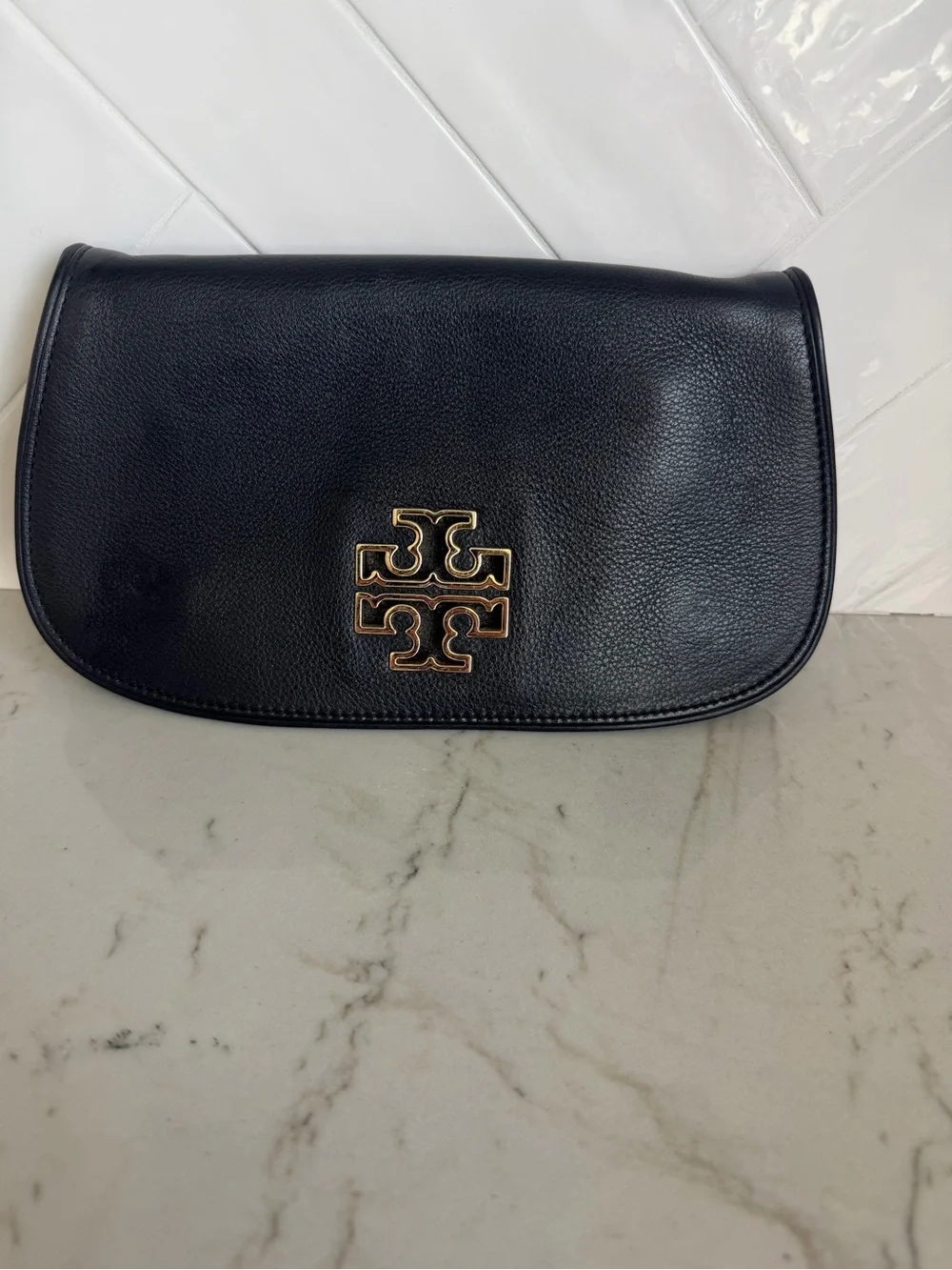 Tory Burch Amanda Black Leather Clutch with Gold Logo